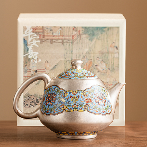 Silver-Plated Filigree Interlocking Baoxiang Flower Teapot
