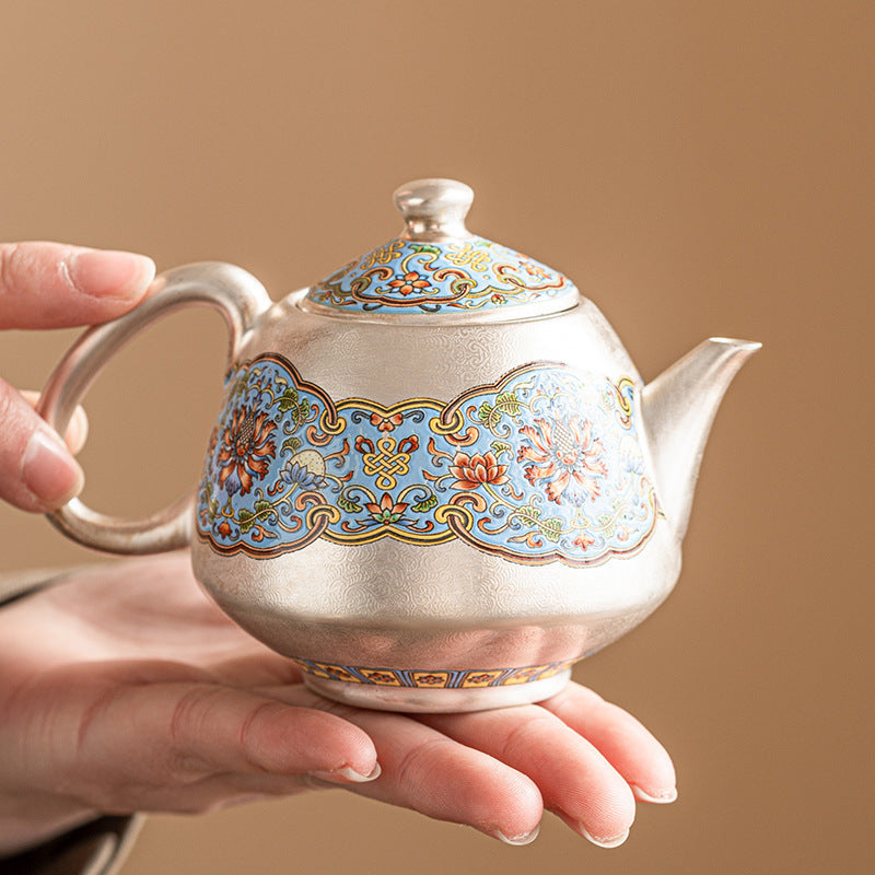 Silver-Plated Filigree Interlocking Baoxiang Flower Teapot