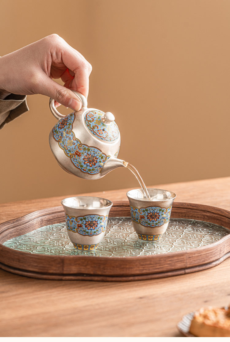 Silver-Plated Filigree Interlocking Baoxiang Flower Teapot