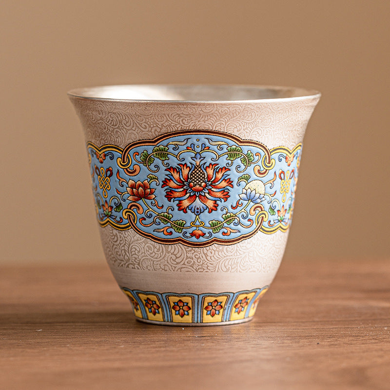 Silver-Plated Filigree Interlocking Baoxiang Flower Teacup