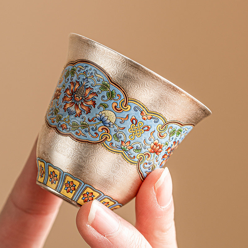 Silver-Plated Filigree Interlocking Baoxiang Flower Teacup
